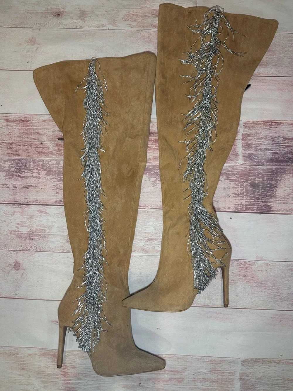 Cape Robbin Beige Over-the-Knee Fringe Stiletto Boots